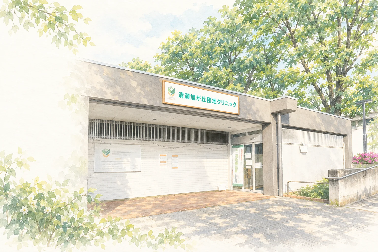 クリニック外観。白い平屋の建物に緑色の医院名が目印です。
