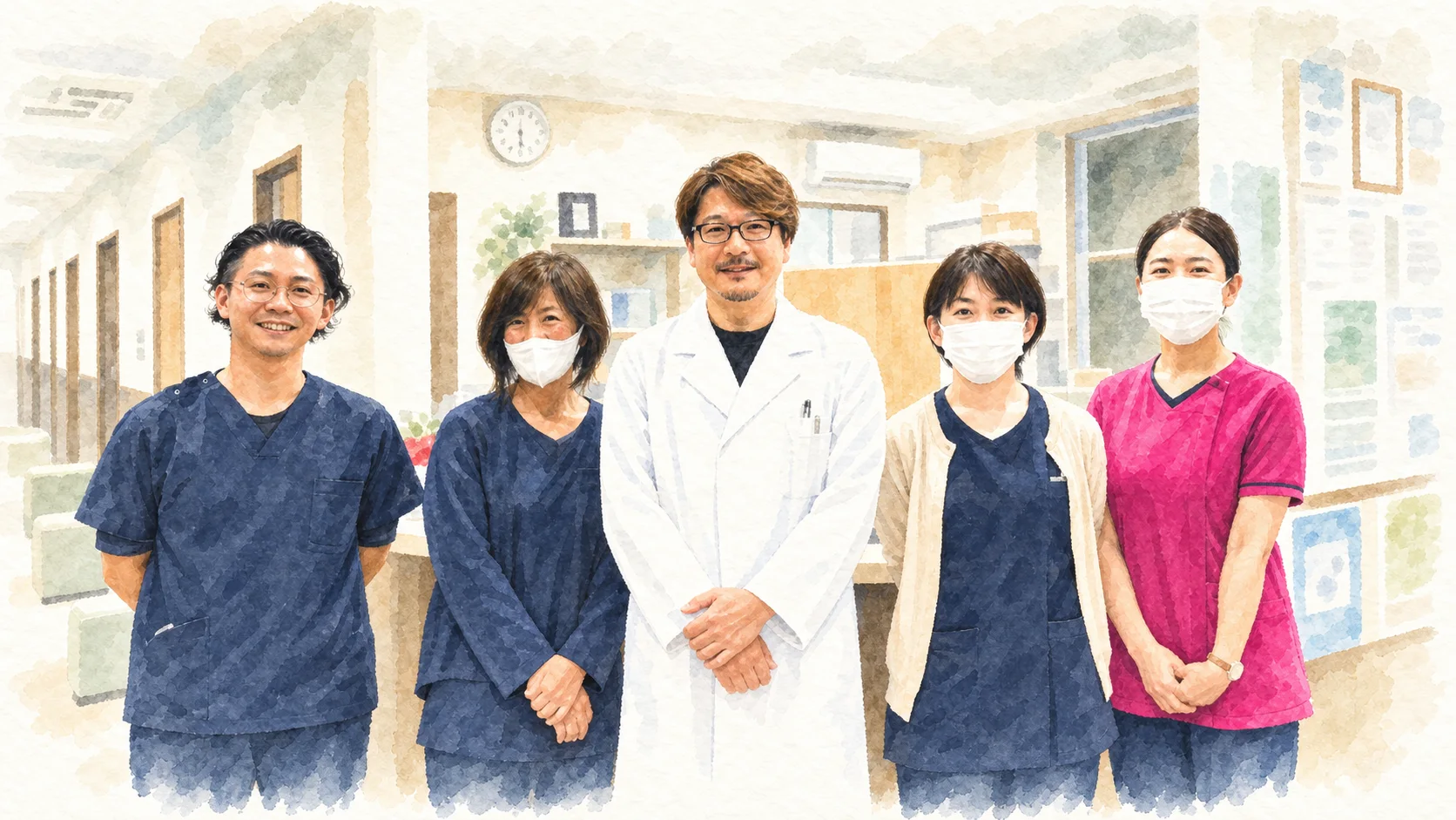 医師とスタッフ5人の水彩イラスト